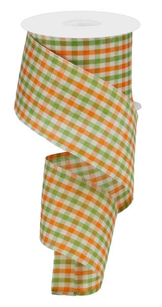 Fall Woven Gingham Check Ribbon | Wired 2.5 X 10 yd Each | Premium Fall Ribbon | Orange Moss Green Ivory