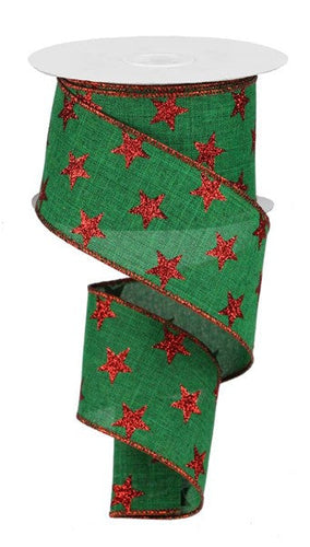 Stars Wired Ribbon : Emerald Green, Red - 2.5 Inches x 10 Yards (30 Feet)