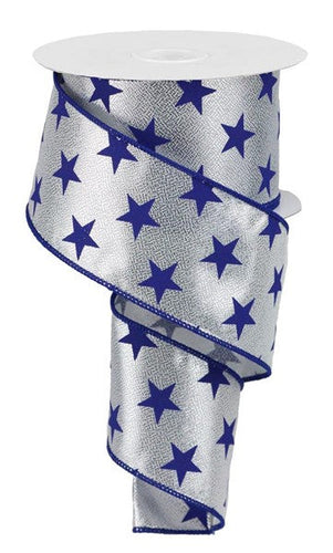 Stars on Metallic Wired Ribbon : Metallic Silver Navy Blue - 2.5 Inches x 10 Yards (30 Feet)