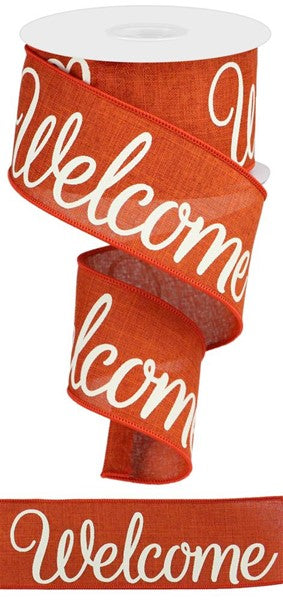 Welcome Canvas Wired Ribbon: Rust, Cream - 2.5 Inches x 10 Yards (30 Feet)