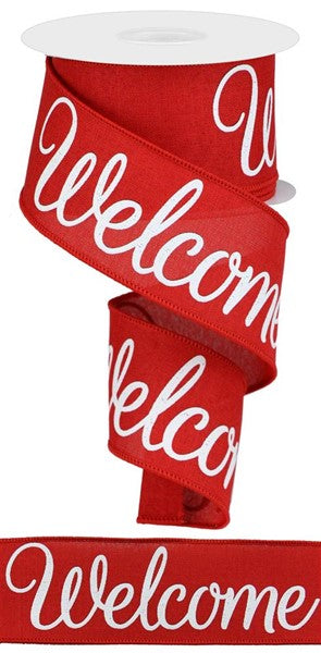 Welcome Canvas Wired Ribbon: Red, White - 2.5 Inches x 10 Yards (30 Feet)