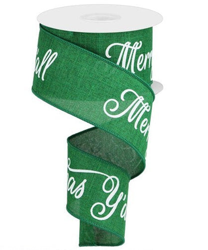 Merry Christmas Yall Seasonal Print Wired Ribbon : White On Emerald Green - 2.5 Inches x 10 Yards (30 Feet)