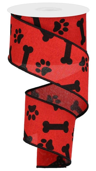 Paw Print & Dog Bone Wired Ribbon, 10 Yards (Red, Black, 2.5 Inches)