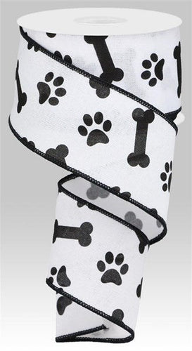 Paw Print & Dog Bone Wired Ribbon, 10 Yards (White, Black, 2.5 Inches)