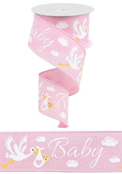 Pink Baby Wired Ribbon with Stork - 2.5 Inches x 10 Yards (30 Feet)