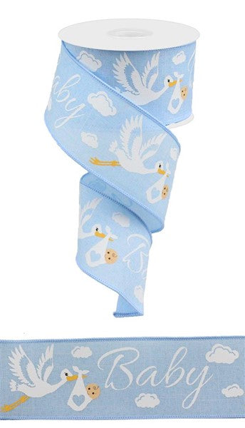 Blue Baby Wired Ribbon with Stork Blue and White 2.5 Inches x 10 Yards (30 Feet)