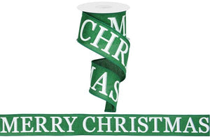 Merry Christmas Royal Canvas Wired Ribbon - 10 Yards (Emerald Green, White, 2.5 Inches)