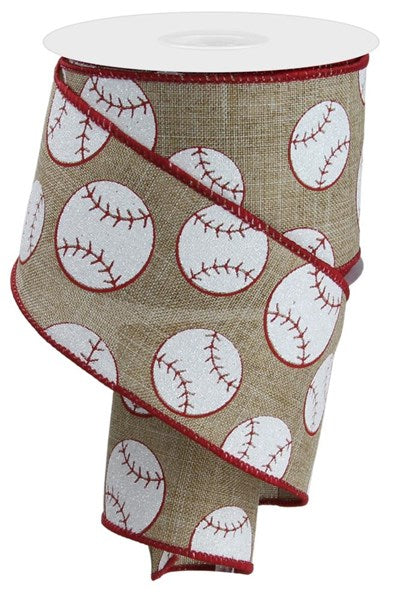 Sports Glitter Wired Ribbon: Baseball, Light Beige - 2.5 Inches x 10 Yards (30 Feet)