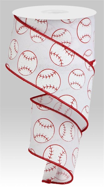 Sports Glitter Wired Ribbon: Baseball, White - 2.5 Inches x 10 Yards (30 Feet)