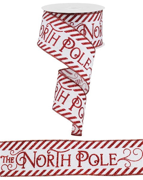 North Pole Christmas Seasonal Print Wired Ribbon: White, Red - 2.5 Inches x 10 Yards (30 Feet)