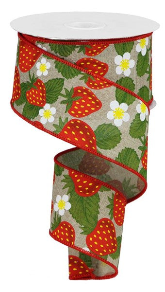 Strawberries on Canvas Wired Ribbon : Natural Beige - 2.5 Inches x 10 Yards (30 Feet)