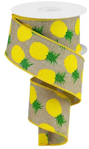 Pineapples Wired Ribbon : Light Beige - 2.5 Inches x 10 Yards (30 Feet)