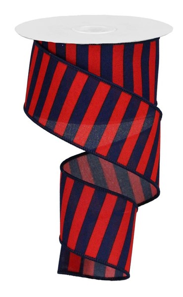 Striped Wired Ribbon : Red, Navy Blue - 2.5 Inches x 10 Yards (30 Feet)