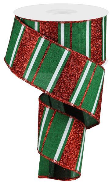 Glitter Stripe Christmas Wired Ribbon : Red, Emerald Green, White - 2.5 Inches x 10 Yards (30 Feet)