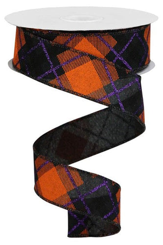 Glitter plaid wired ribbon Black Orange Purple; 1.5 inches x 10 yards (30 feeet)