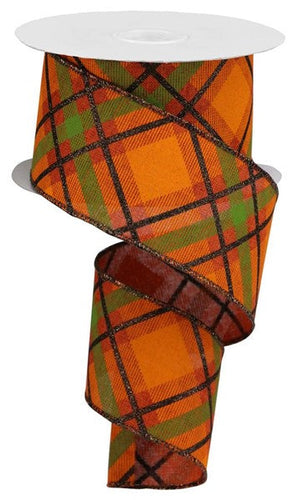 Fall Glitter Stripe Diagonal Plaid Rust, Brown, Orange, Moss Wired Ribbon: 2.5 Inches x 10 Yards (30 Feet)