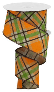 Glitter Plaid Fall Diagonal Stripe Wired Ribbon: Light Beige, Brown, Orange, Moss Green - 2.5 Inches x 10 Yards (30 Feet)