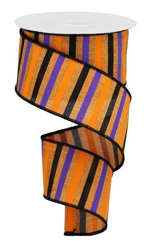 Halloween Stripes Wired Ribbon : Purple Orange Lime Green Black - 2.5 Inches x 10 Yards (30 Feet)