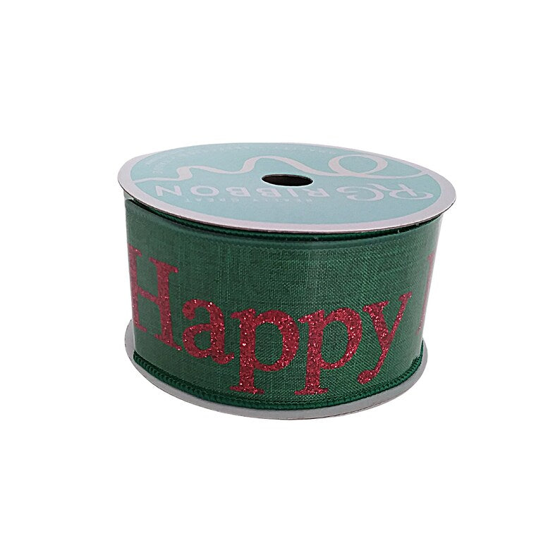 Christmas Happy Holidays Wired Ribbon Green Red Glitter - 2.5 Inches x 10 Yards (30 Feet)