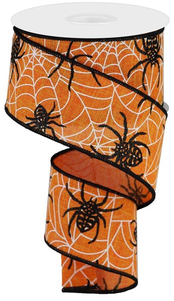 Spiders & Webs Wired Ribbon : Orange - 2.5 inches x 10 Yards (30 Feet)