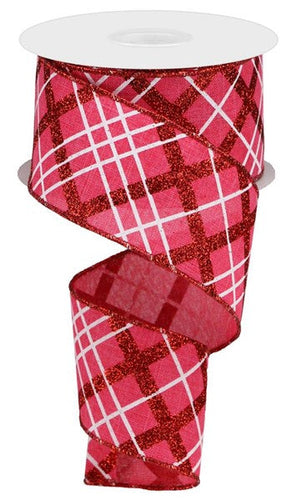 Glitter Stripe Diagonal Plaid Royal Valentine's Day Wired Ribbon : Hot Pink, Red, White - 2.5 inches x 10 Yards (30 Feet)