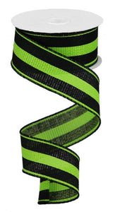 Vertical Stripe Wired Ribbon : Lime Green, Black - 1.5 Inches x 10 Yards (30 Feet)