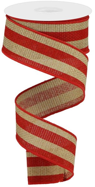 Vertical Stripe Wired Edge Ribbon : Beige, Red - 1.5 inches x 10 Yards (30 Feet)