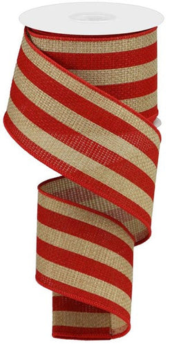 Vertical Stripe Wired Ribbon : Beige, Red - 2.5 Inches x 10 Yards (30 Feet)