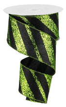 Load image into Gallery viewer, Wired Halloween glitter ribbon with vibrant green and black stripes, perfect for spooky wreaths and festive decorations.

