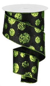 Glitter Polka Dot Halloween Wired Ribbon : Black, Lime Green - 2.5 inches x 10 Yards (30 Feet)