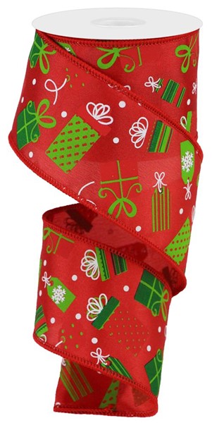 Christmas Presents Royal Canvas Wired Ribbon - 10 Yards (White, Red, Emerald Green, Lime Green, 2.5 Inches)