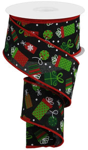 Christmas Presents Royal Canvas Wired Ribbon - 10 Yards (Black, White, Emerald Green, Red, Lime Green, 2.5 Inches)