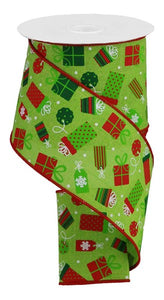 Christmas Presents Xmas Holiday Canvas Wired Edge Ribbon : Lime Green, Emerald, White, Red - 4" x 10 Yards (30 Feet)