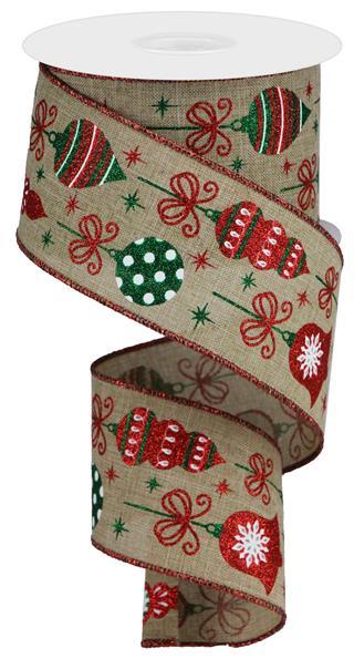 Vintage Ornaments Christmas Wired Ribbon Burlap : Beige Red Green White  - 2.5 Inches x 10 Yards (30 Feet)