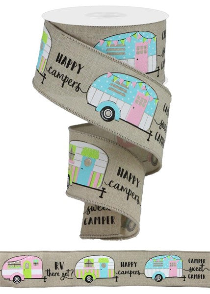 Happy Campers Wired Ribbon : Beige Pink Blue Green Black - 2.5 Inches x 10 Yards (30 Feet)