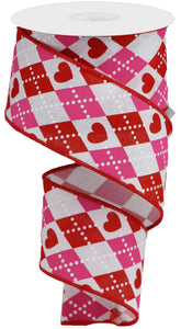 Argyle Hearts Wired Ribbon -  2.5 Inches x 10 Yards (30 Feet)