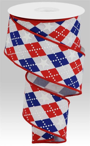 Argyle Stars Wired Ribbon : Red, Royal Blue, White  - 2.5 Inches x 10 Yards (30 Feet)