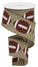 Load image into Gallery viewer, Wired football ribbon in natural burlap with brown and white football patterns, perfect for sports-themed wreaths and decor.
