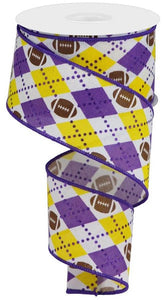 Purple Yellow Argyle Football Ribbon RGA137623, Wired, 2.5" x 10yds, Canvas