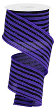 Load image into Gallery viewer, Wired ribbon for wreaths in purple and black stripes, perfect for Halloween crafts and seasonal decorations.
