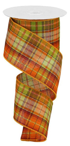 Fall Plaid Gingham Wired Ribbon (2.5 Inches, Orange, Moss, Cream, Burgundy Red) - 10 Yards