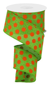 Polka Dot Wired Ribbon : Orange Lime Green - 2.5 Inches x 10 Yards (30 Feet)