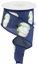Load image into Gallery viewer, Wired autumn ribbon featuring white pumpkins on a navy blue background, perfect for fall wreaths and seasonal crafts.
