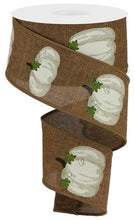 Load image into Gallery viewer, Wired fall ribbon featuring white pumpkins on a rustic brown background, perfect for autumn wreath crafts and décor.
