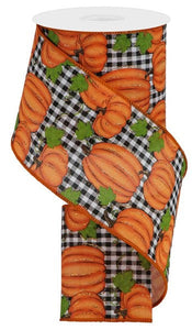 Pumpkin Patch Check Wired Ribbon :White Orange Moss Black - 4 Inches x 10 Yards (30 Feet)