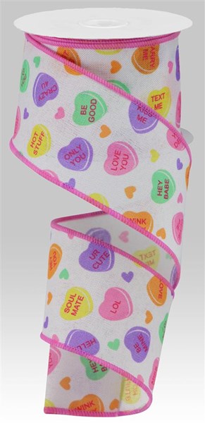 Conversation Hearts Canvas Wired Ribbon : White, Pink, Orange, Yellow - 2.5 Inches x 10 Yards (30 Feet)