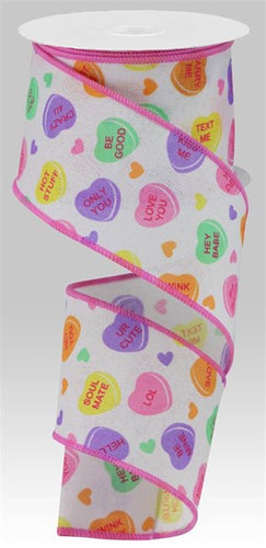 Conversation Hearts Canvas Wired Ribbon : White, Pink, Orange, Yellow - 2.5 Inches x 10 Yards (30 Feet)