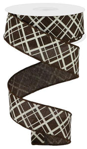 Dark Brown Chocolate Ivory Diagonal Check Wired Ribbon | Fall Thanksgiving : 1.5 Inches x 10 Yards