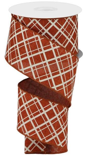 Thick Thin Diagonal Check Wired Ribbon : Rust, Ivory - 2.5 Inches x 10 Yards (30 Feet)