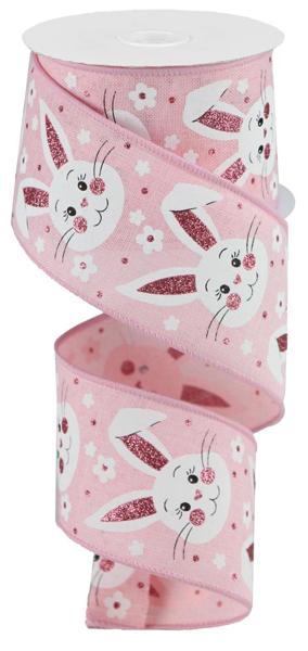 Easter Bunny Faces Wired Ribbon : Pink, White - 2.5 Inches x 10 Yards (30 Feet)